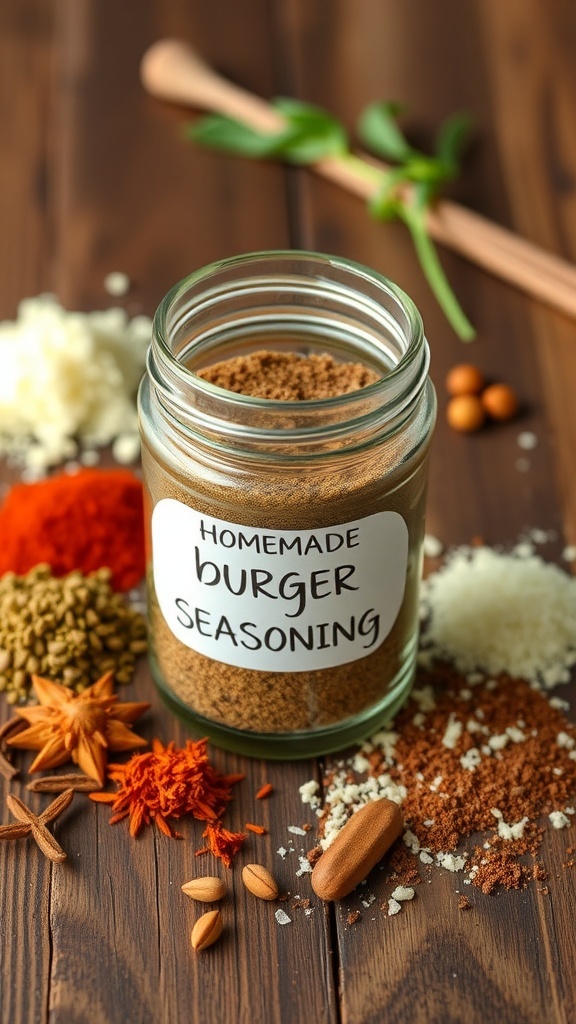 A jar of homemade burger seasoning with spices on a wooden table.